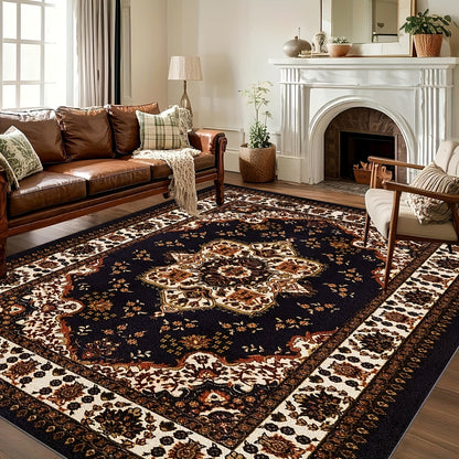 Area Rug, Persian Bohemian Pattern Carpet in Four Rectangular Sizes with Machine-Wash Care and Textured Backing