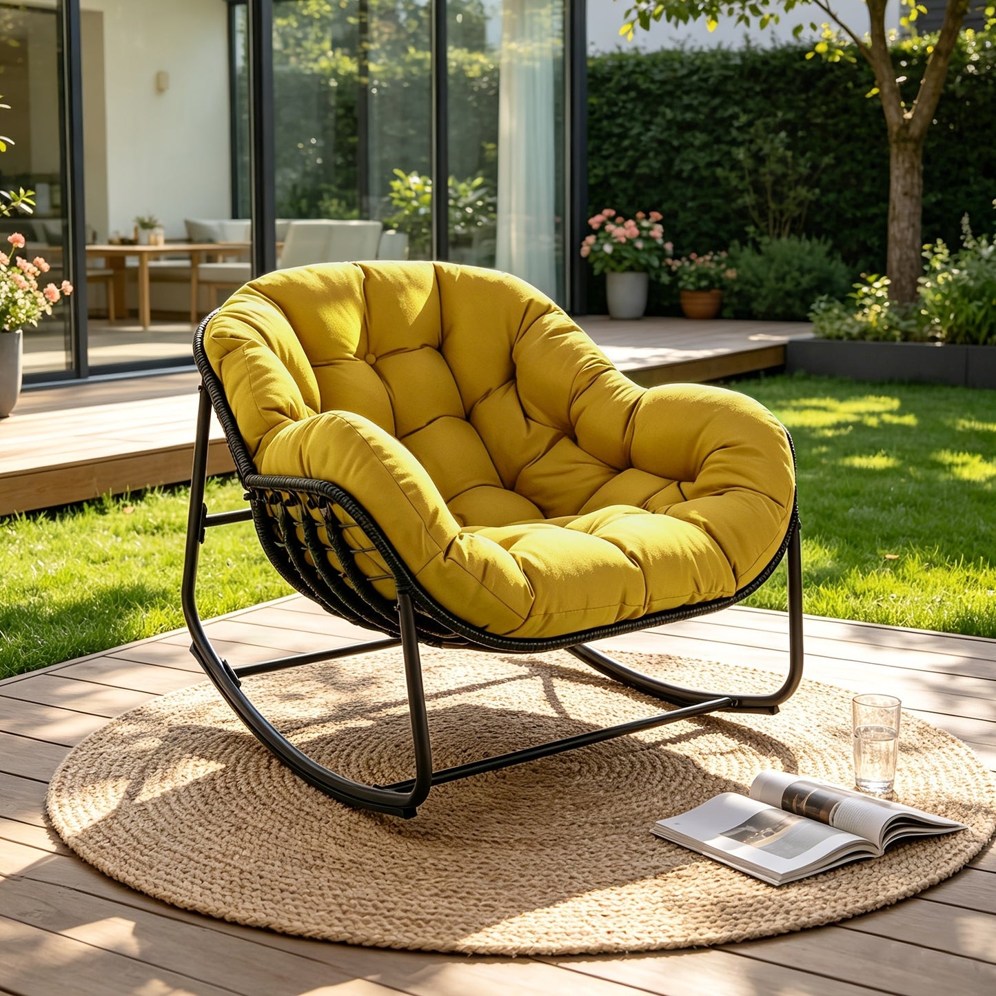 Papasan Rocking Chair Outdoor Wicker Egg Chair with Cushion & Pillow, Large Patio Rocker for Garden