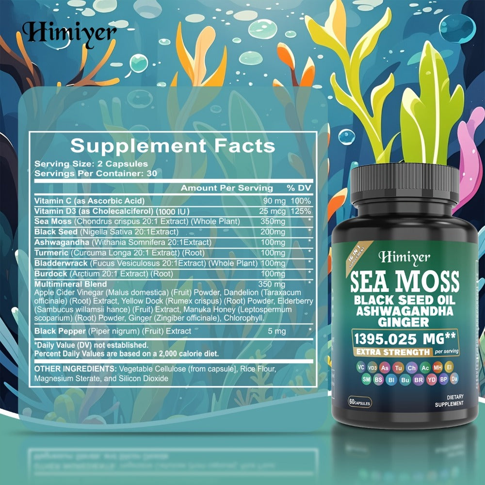 Sea Moss Capsules 3-Pack 180ct with Black Seed Oil Ashwagandha Turmeric Vitamin C D3 for Bath Time, Home Spa and Personal Care