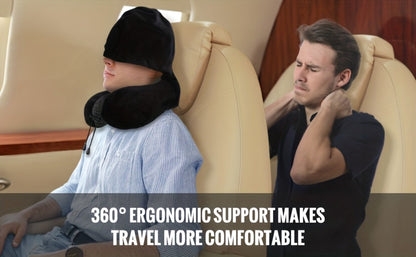 Hooded U-Shaped Travel Neck Pillow with Eye Mask, Carry Bag and Front Drawstrings in Pink, Blue, Black or Grey