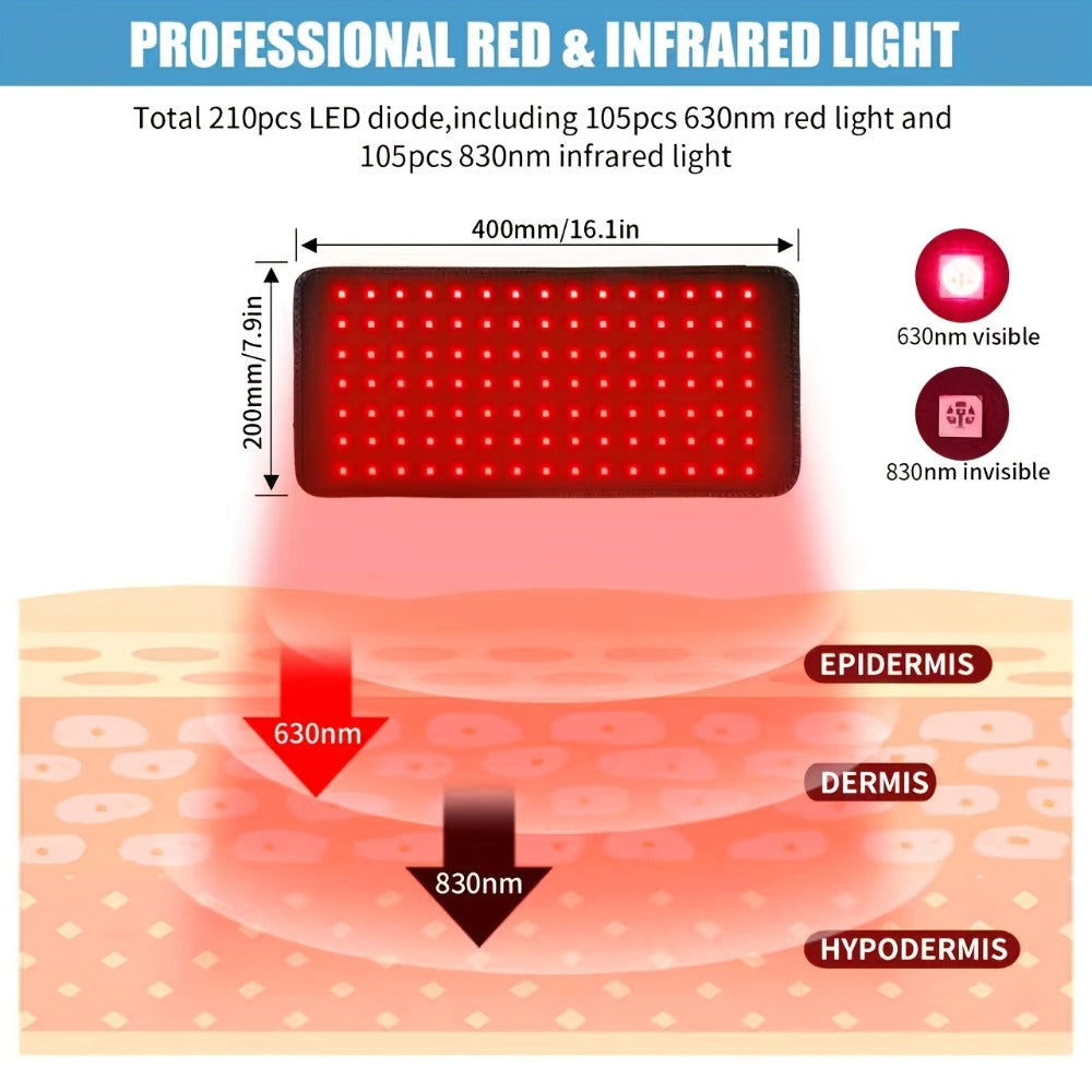 Wearable 210-LED Red and Infrared Light Pad, 16.1 x 7.9 Inches with Five Brightness and Six Timer Settings