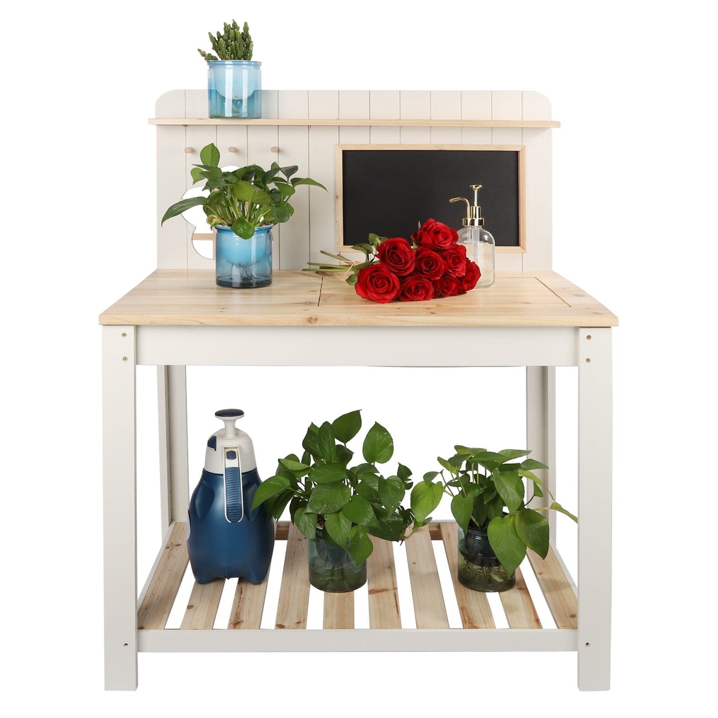 Potting Bench Table Cedar Wood Garden Workstation with Blackboard Removable Sink Hooks Double Shelf for Garden, Patio and Yard Use