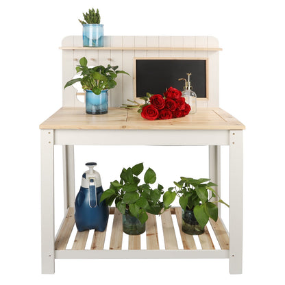 Potting Bench Table Cedar Wood Garden Workstation with Blackboard Removable Sink Hooks Double Shelf for Garden, Patio and Yard Use