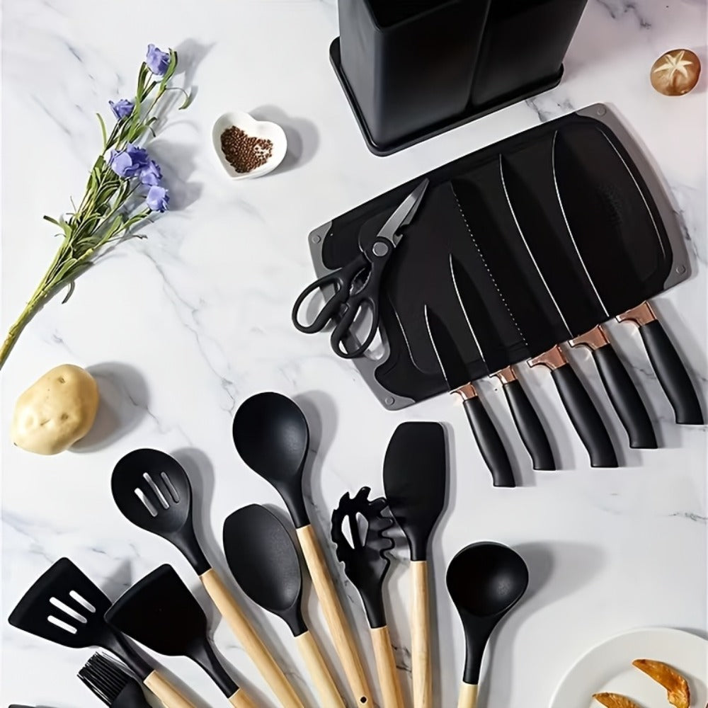 19-Piece Non-Stick Silicone Cookware Set with Bamboo Storage, Knives & Wooden Handle, Pots, Pans & Utensils for Induction & Oven