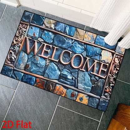 Blue Mosaic Stone Welcome Doormat in 40 x 60 or 50 x 80cm Rectangular Size Options Pictured
