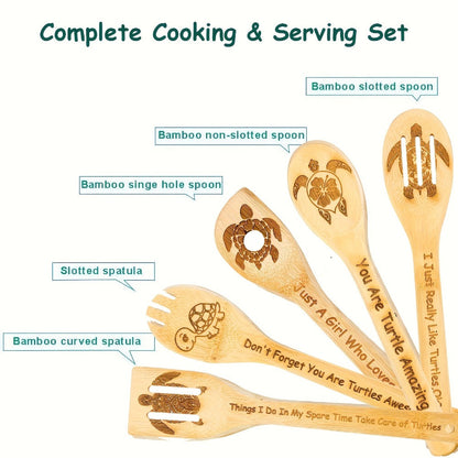 Kitchen Utensils Five-Piece Bamboo Spoon and Spatula Set with Engraved Turtle Designs for Cooking