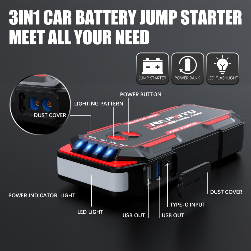 2500A Peak Car Jump Starter Portable – 12V Battery Booster Pack with USB-A & USB-C Ports, LED Flashlight, 10000mAh Power Bank