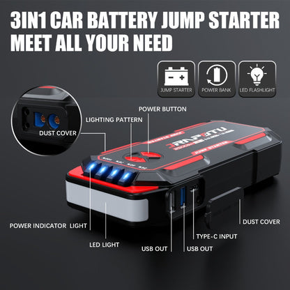2500A Peak Car Jump Starter Portable – 12V Battery Booster Pack with USB-A & USB-C Ports, LED Flashlight, 10000mAh Power Bank