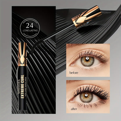 Black Mascara Two-Piece Set with Gold Crown-Style Caps and Curved Black Bristle Applicator Wands
