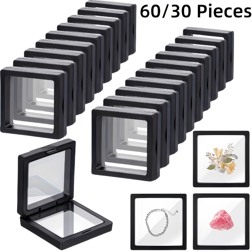 3D Floating Jewelry Display Box Set with Black Frames, Clear Flexible Panels and 30- or 60-Piece Options