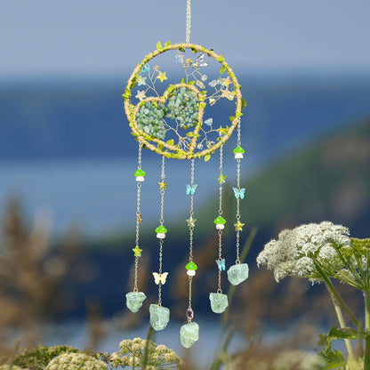 Boho Crystal Wall Hanging Decor – Handmade Stone Bead Wind Chime with Colorful Gemstone Heart & Circular Crystal Pendant for Bedroom Living