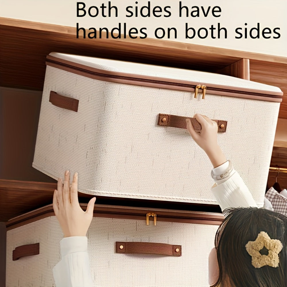 Foldable Storage Boxes with Lids 2-Pack, Large Linen Storage Baskets with Double Zippers & Leather Handles