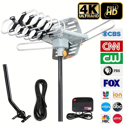 Amplified Outdoor TV Antenna 150 Mile Range, Motorized 360° Rotation, UHF VHF 4K 1080P, Wireless Remote