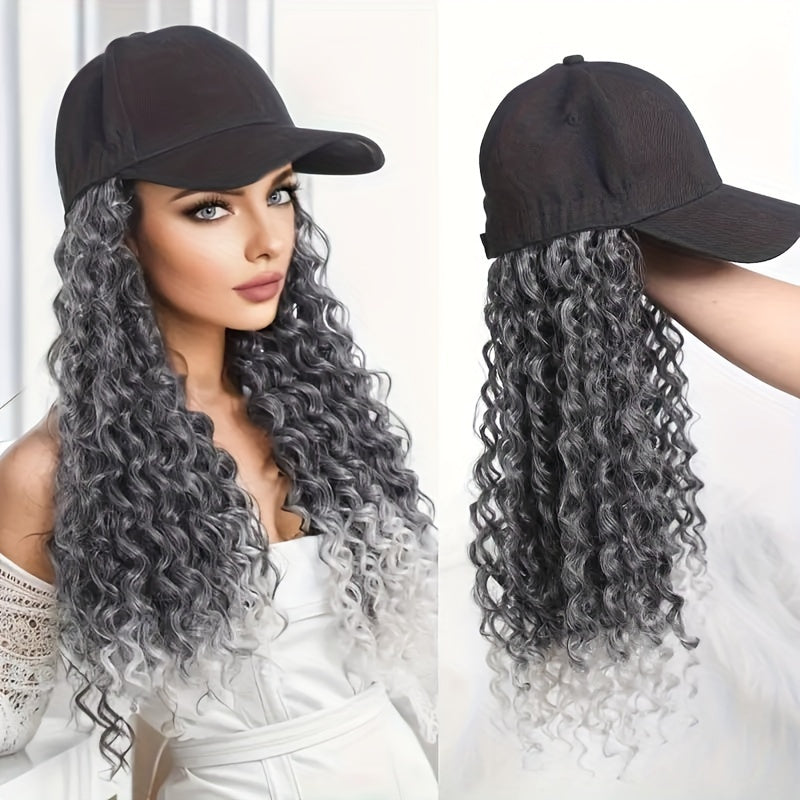 Afro Kinky Curly Baseball Cap Wig for Women 18 Inch Hat and Wig Combo Adjustable Elastic Net Long Synthetic Curly Hair Multi-Color Casual