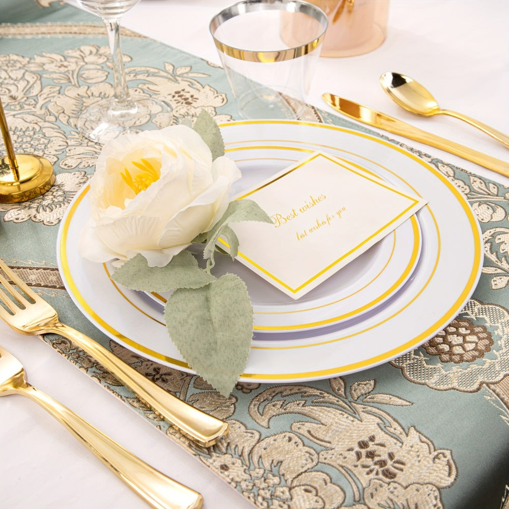 Gold Plastic Plates Disposable Dinnerware Set 350pcs, 50 Dinner Plates, 50 Dessert Plates, 50 Gold Rim 9oz Cups & 50 Gold Cutlery Sets