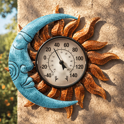 Outdoor Wall Thermometer with Sun & Moon Art – IPX4 Waterproof, Decorative Patio Garden Thermometer for Indoor Outdoor Use
