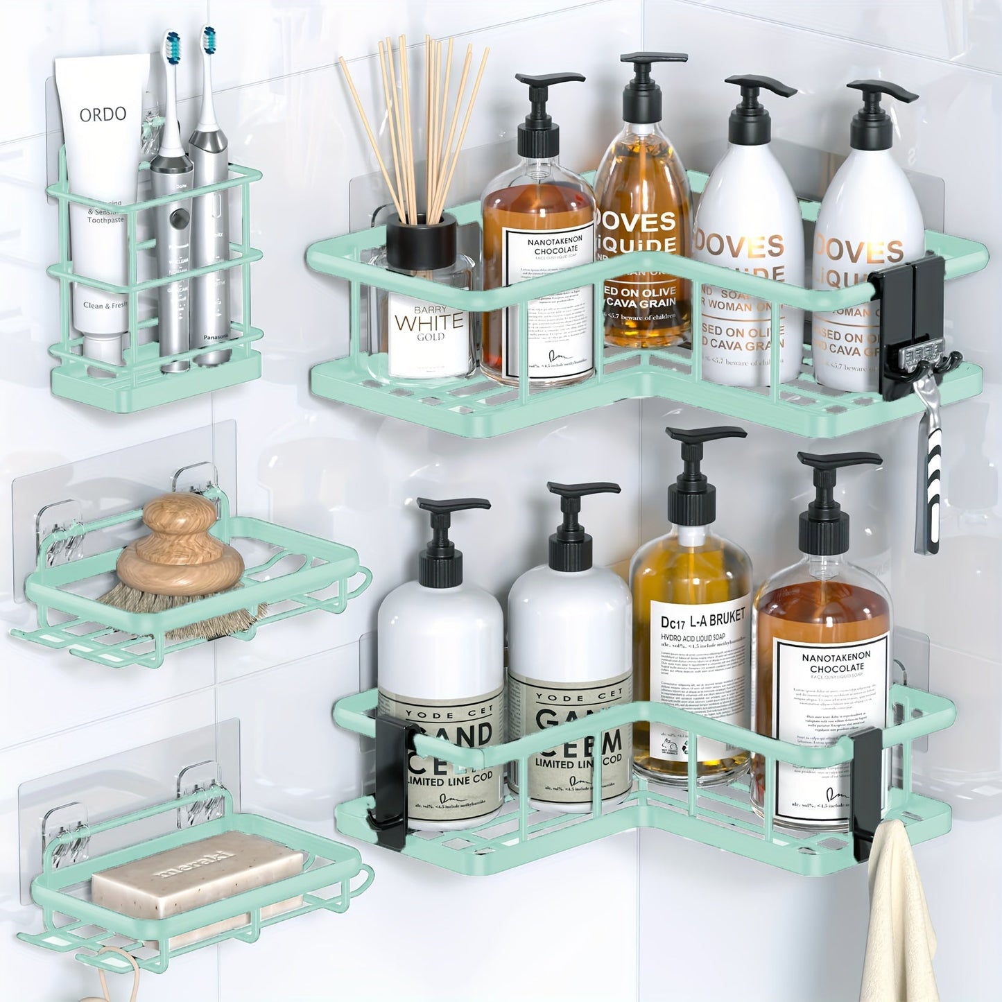 Corner Shower Caddy 5 Pack with Soap Holder & 4 Removable Hooks – Rustproof No Drill Shower Shelf Organizer for Inside Shower