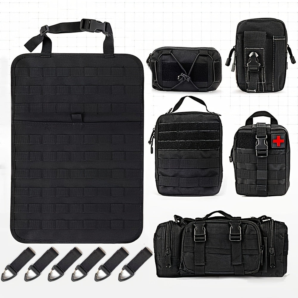 Black MOLLE-Style Seatback Car Organizer Panel with Five Detachable Pouches and Six Keychains