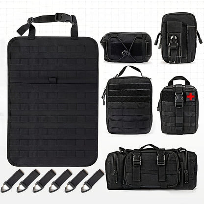 Black MOLLE-Style Seatback Car Organizer Panel with Five Detachable Pouches and Six Keychains