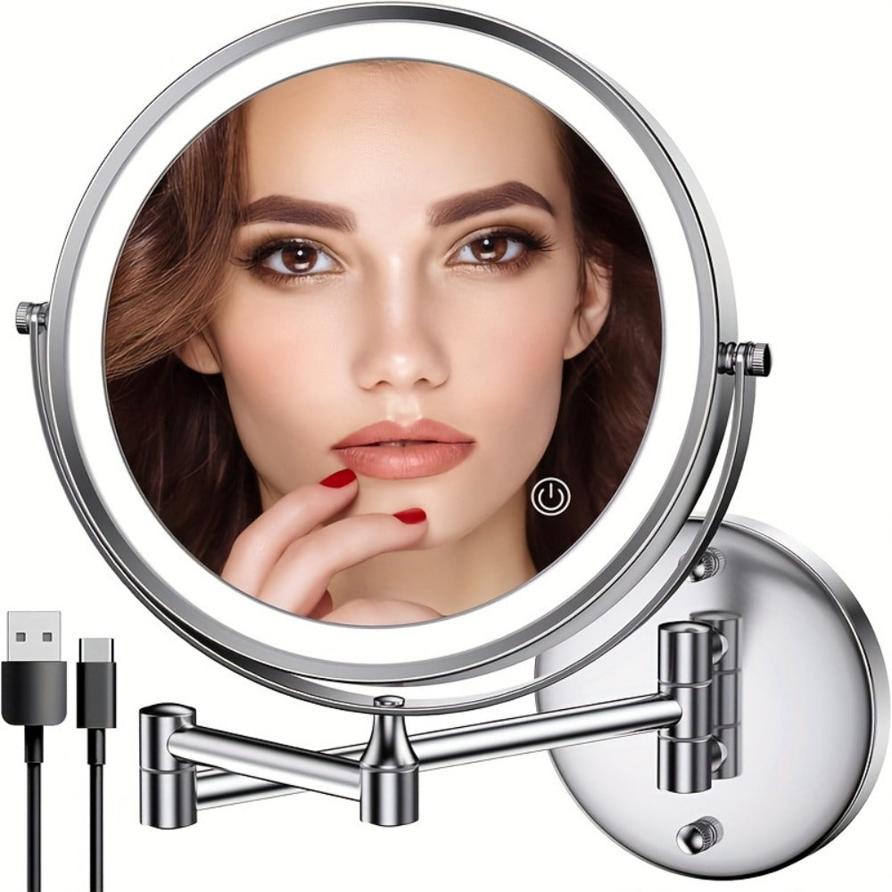 Makeup Mirror with Lights, Wall-Mounted 8-Inch Dual-Sided 1X and 10X with Three Light Colors, Touch Dimming and USB Charging