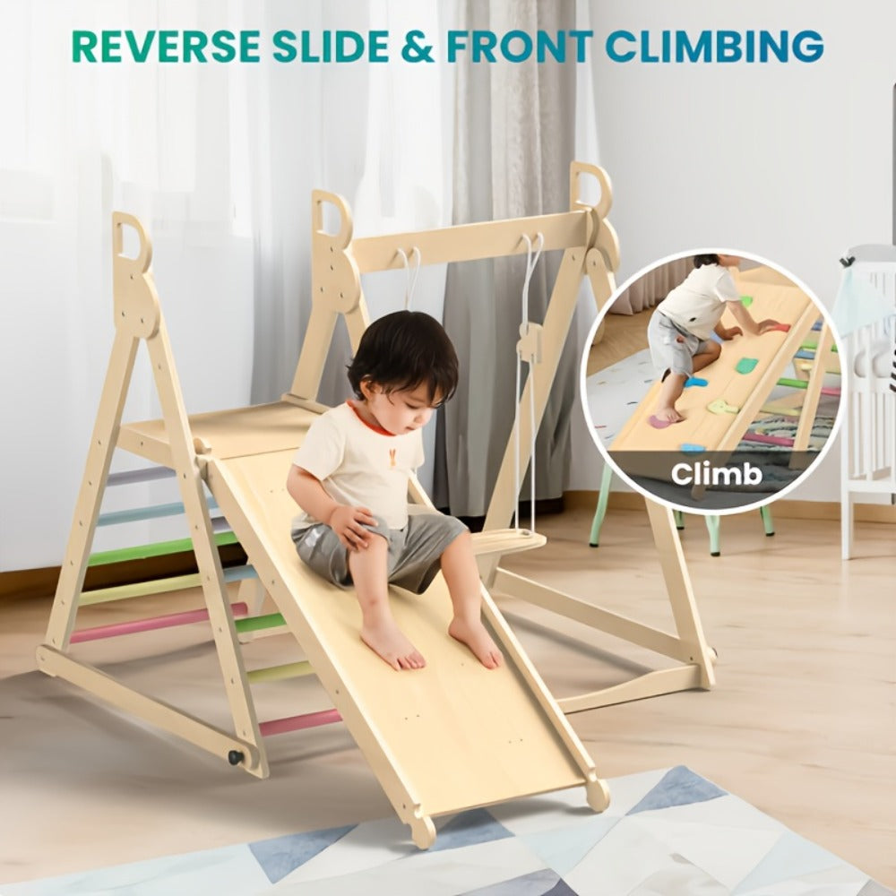 Foldable Indoor Wooden Jungle Gym for Toddlers, 4-in-1 Climbing Frame with Swing, Slide & Ladder