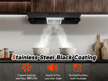 Range Hood 36 Inch Under Cabinet Ducted Ductless Convertible Stainless Steel 350CFM 2-Speed for Home Cooking, Dining and Outdoor Meals