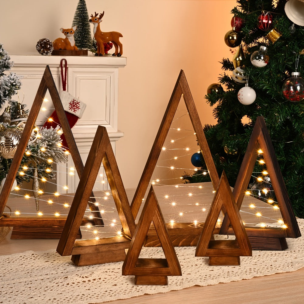 Wooden Light-Up Desktop Christmas Trees USB Powered - Mini Lighted Wood Tree Set for Holiday Decoration