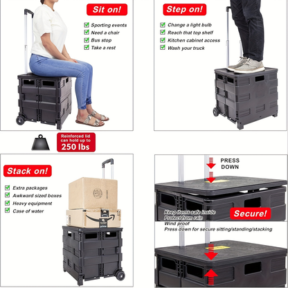 Collapsible Rolling Cart with Wheels – 80 Lbs Heavy Duty Foldable Crate on Wheels for Teachers, Shopping & Storage, Lid Doubles as Seat
