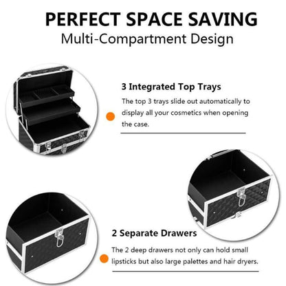 Black Rolling Makeup Train Case with Four Wheels, Telescoping Handle, Three Top Trays and Two Drawers