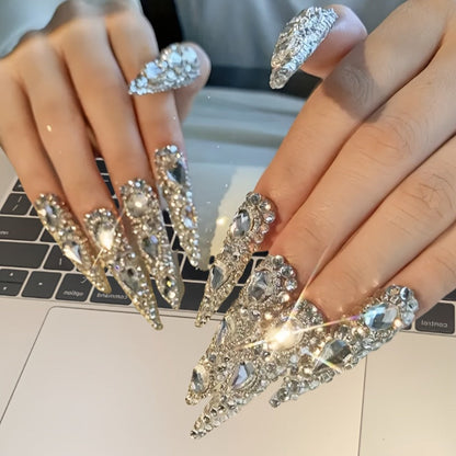 Press On Nails 10-Piece Extra-Long Pointed Almond Set with Silvery Rhinestones, Charms and Adhesive Stickers