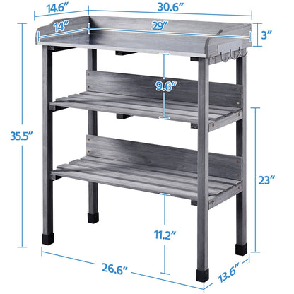 Rolling Potting Bench 3-Tier Wooden Garden Workstation Waist-High Galvanized Metal Top Lockable Casters for Garden, Patio and Yard Use