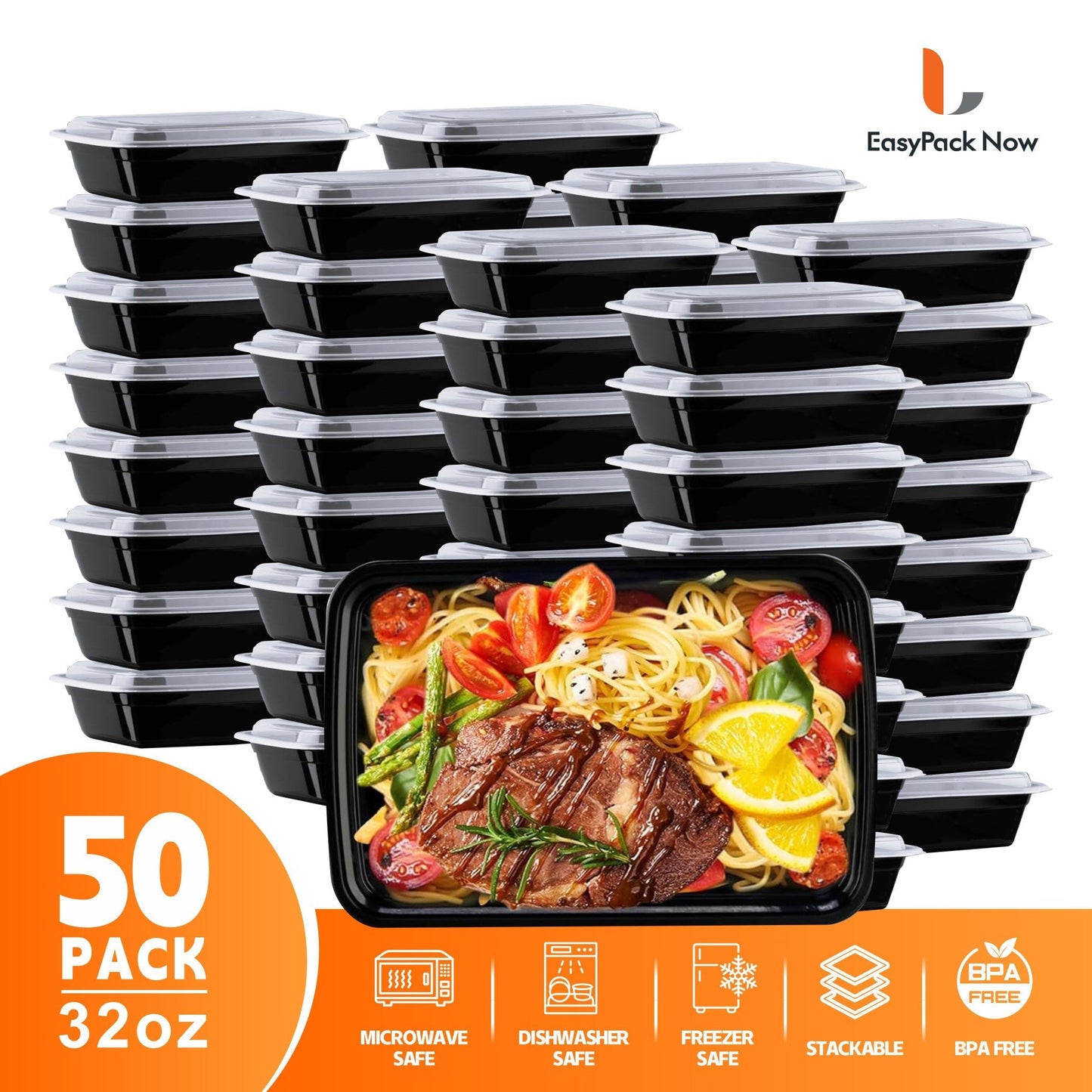 Food Storage Containers 50-Container Meal Prep Set with 50 Lids, 32 oz or 38 oz Capacity Options