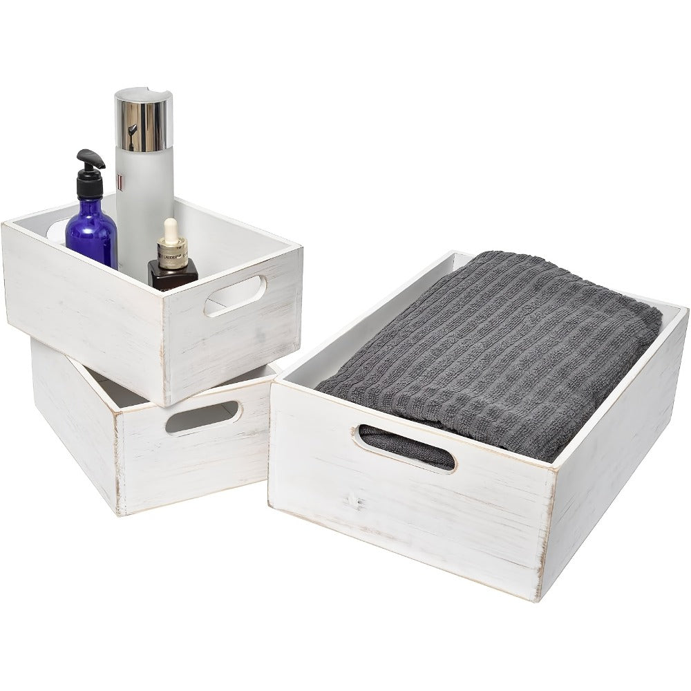 Wooden Crates with Handles Set of 3, Rustic Farmhouse Storage Boxes for Pantry, Shelf, Closet, Arts & Crafts