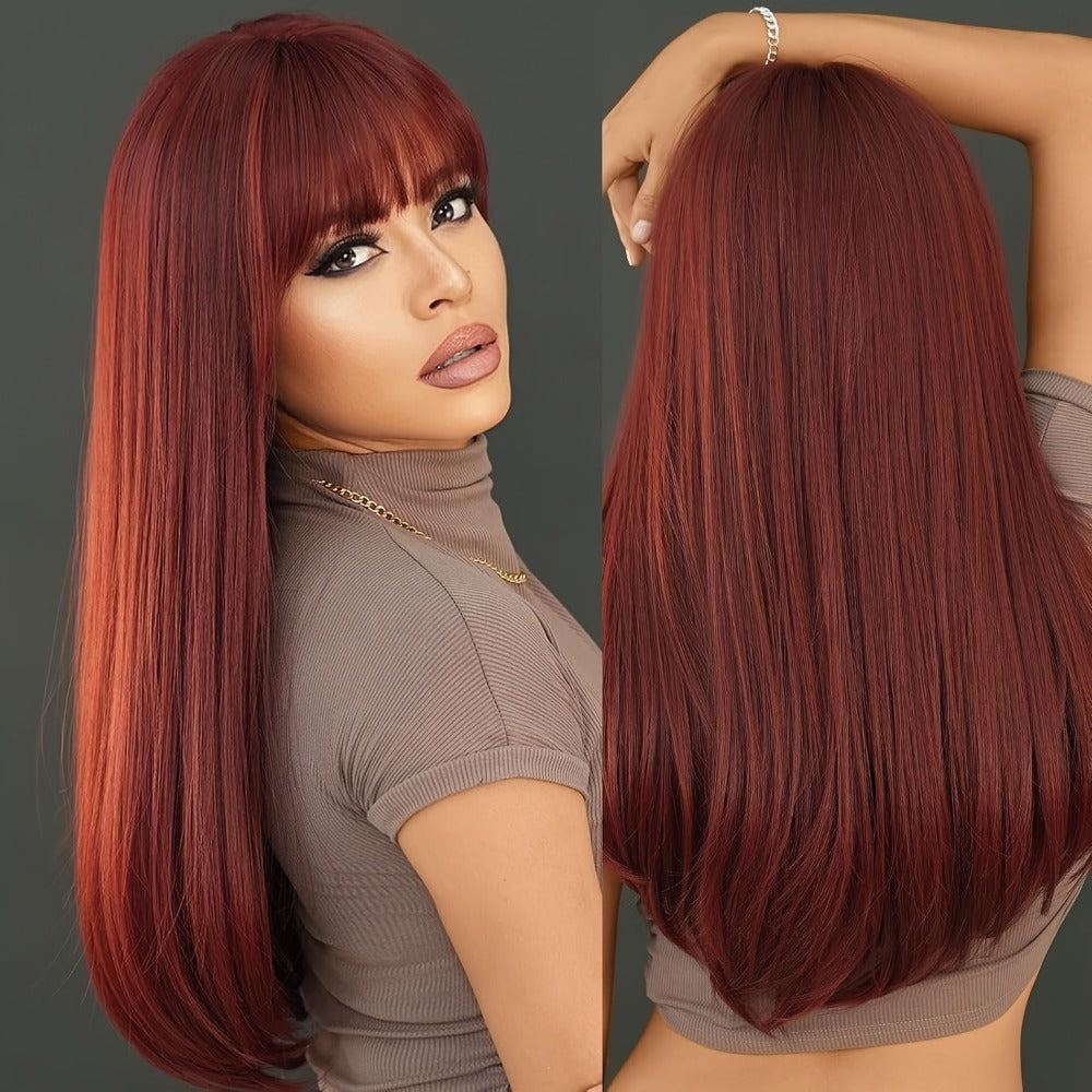Long Straight Wig with Bangs Burgundy Wine Red 28 Inch Synthetic Heat Resistant Lightweight for Women Daily Wear Holiday Party Cosplay
