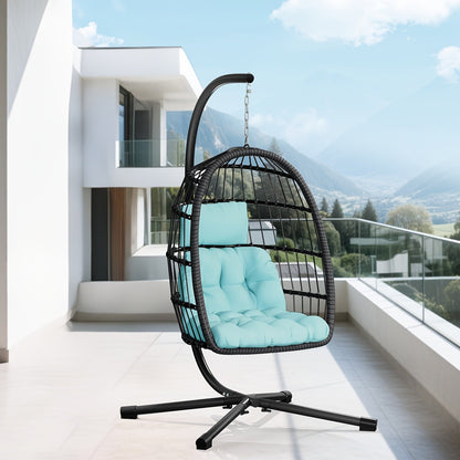 Outdoor Egg Chair with Stand Rattan Wicker Hanging Swing Hammock Chair Thickened Aluminum Frame UV-Resistant Cushion 350LBS Capacity Patio