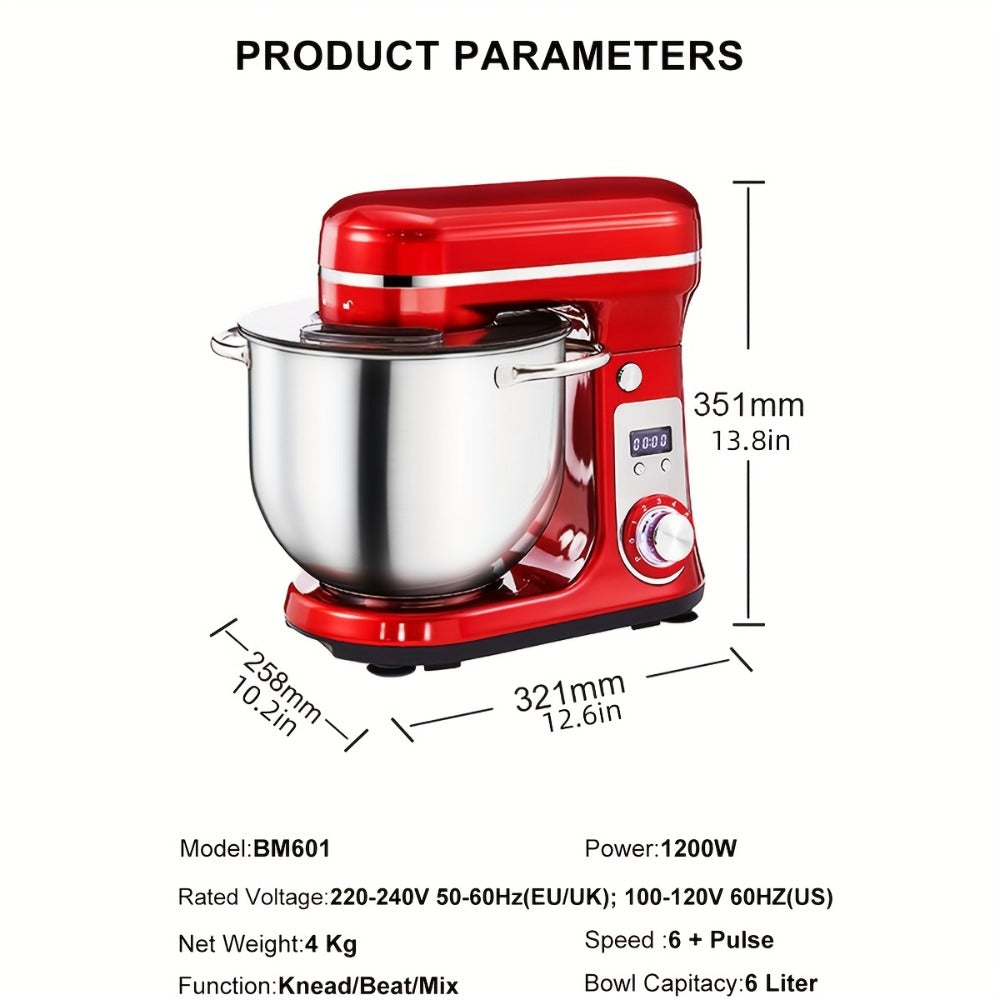 Stand Mixer 1200W 6L Stainless Steel Bowl - Kitchen Food Stand Mixer with Dough Hook, Whisk & Beater
