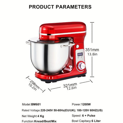 Stand Mixer 1200W 6L Stainless Steel Bowl - Kitchen Food Stand Mixer with Dough Hook, Whisk & Beater