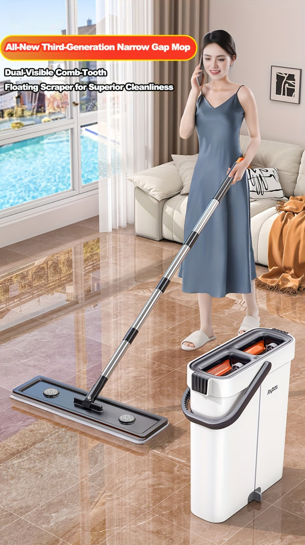 Flat Mop and Bucket System with Washable Reusable Microfiber Pads Dual Bucket Wringer Wet Dry Floor Mop for Hardwood Tile Marble Wall