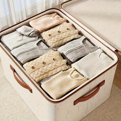 Foldable Storage Boxes with Lids 2-Pack, Large Linen Storage Baskets with Double Zippers & Leather Handles