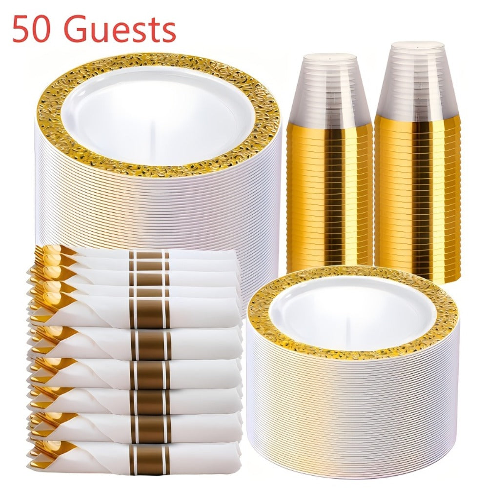Gold Disposable Dinnerware Set for 50 Guests 350pcs, Includes Dinner Plates, Dessert Plates, 9oz Cups with Gold Rim