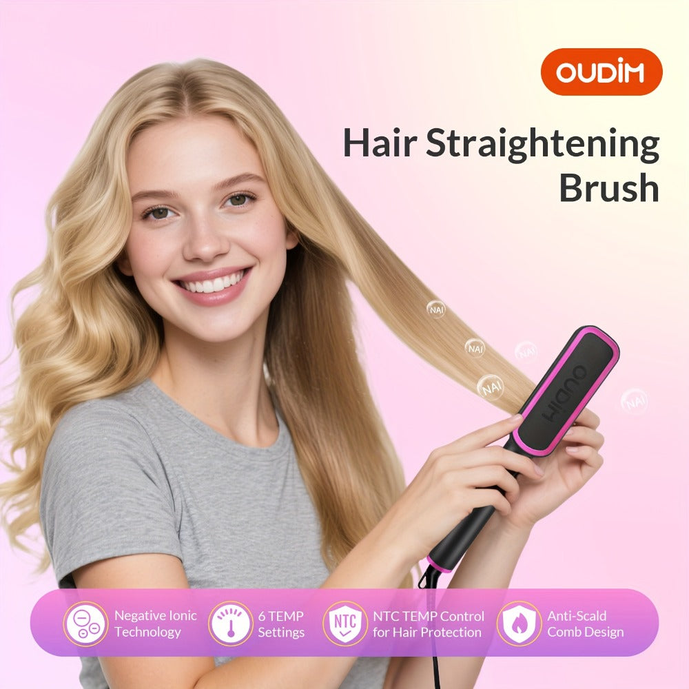 OD-6801 Black or OD-6806 Rose-Gold Heated Straightening Brush with Display, Glove and Three-Button Controls