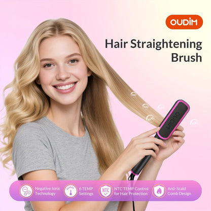 OD-6801 Black or OD-6806 Rose-Gold Heated Straightening Brush with Display, Glove and Three-Button Controls