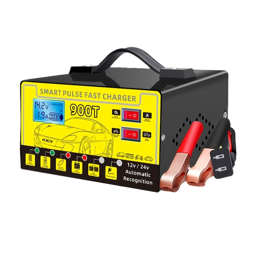 Smart Battery Charger 12V/24V with Pulse Repair & LCD Screen – Trickle Charger & Maintainer for Car, Truck, Motorcycle, Boat, Lawn Mower