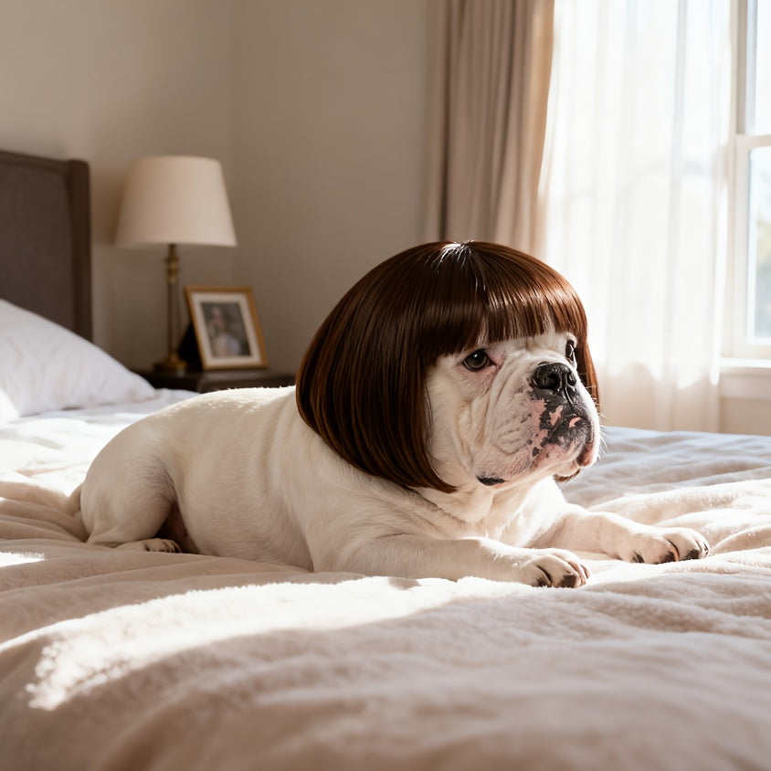 Dog Wig Costume for Small Medium Dogs, Funny Pet Hair Headpiece Adjustable Heat-Resistant Trimmable Black Brown Wig for Halloween Christmas