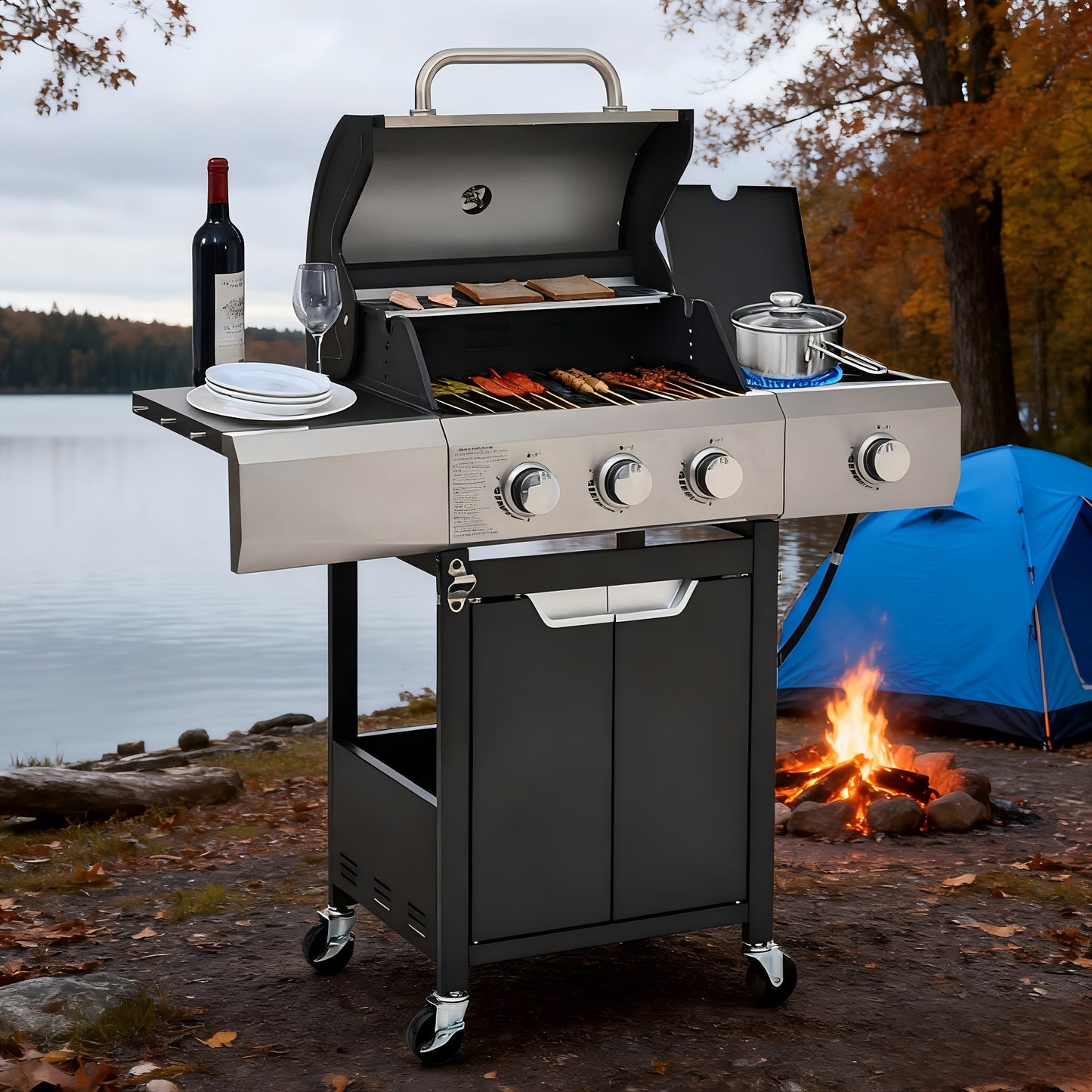 Propane Gas Grill Stainless Steel 3 & 4 Burner Outdoor BBQ Grill with Side Burner, Grill Cover & 344 Sq In Cooking Surface