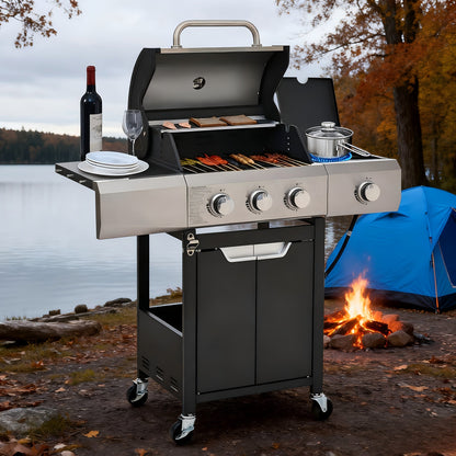 Propane Gas Grill Stainless Steel 3 & 4 Burner Outdoor BBQ Grill with Side Burner, Grill Cover & 344 Sq In Cooking Surface