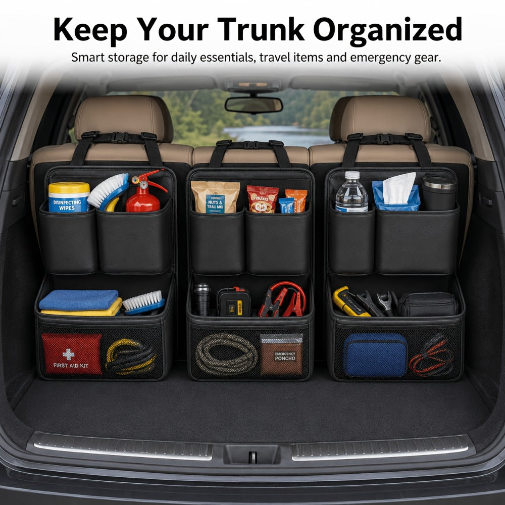Car Trunk Organizer, Foldable PU Leather Multi-Pocket Bag with Bottle Slots, Adjustable Straps and 1- or 3-Piece Options