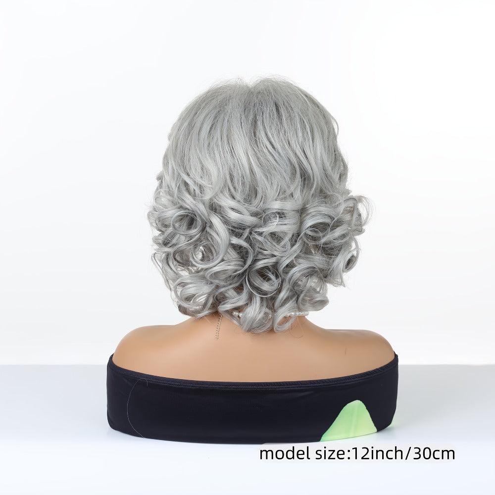 Synthetic Wig 12-Inch Silver Grey Short Curls with Bangs and Adjustable Rose Net Cap for Cosplay Looks