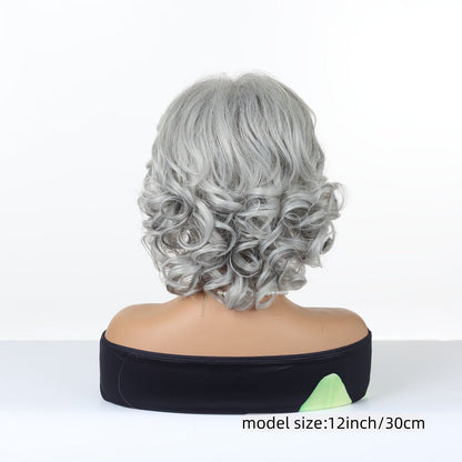 Synthetic Wig 12-Inch Silver Grey Short Curls with Bangs and Adjustable Rose Net Cap for Cosplay Looks