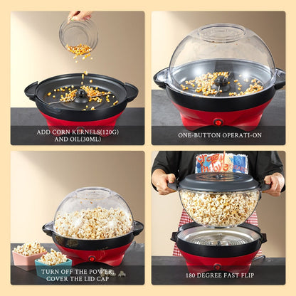 Popcorn Machine 800W Electric Stirring Popcorn Maker – 6-Quart Non-Stick Plate, Quick-Heat Technology, Cool-Touch Handles